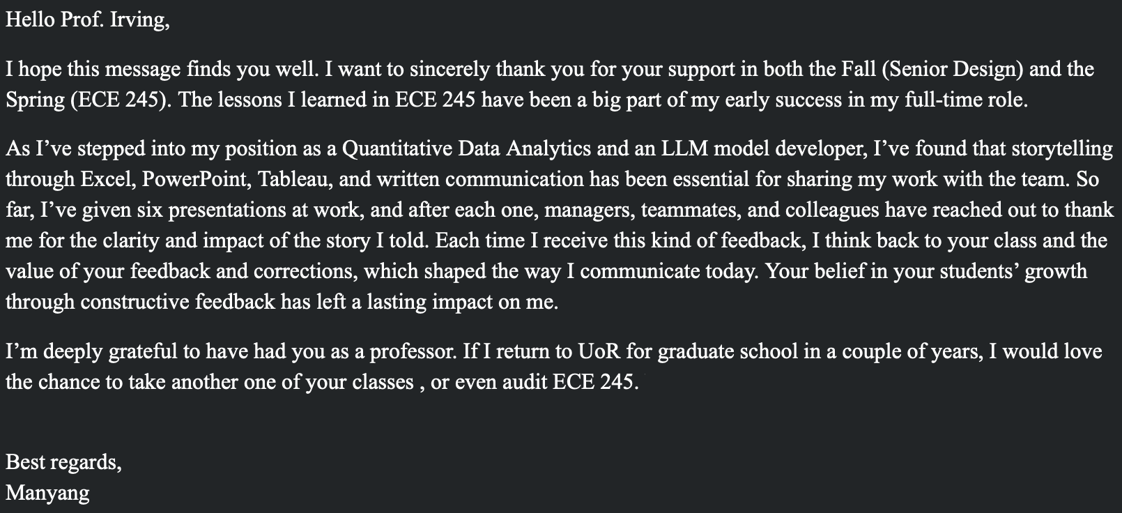 Email testimonial from Manyang