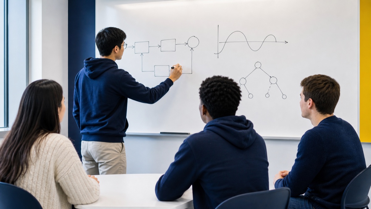 Students watching a classmate work through a diagram on a whiteboard